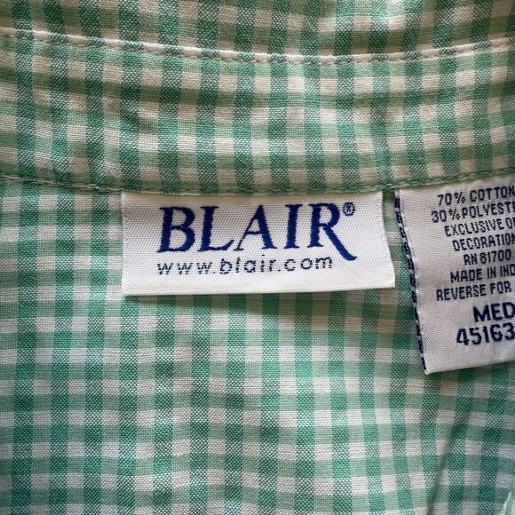 Blair Women's M Green White Checked Floral Embroidery Button Up Shirt - Picture 5 of 14
